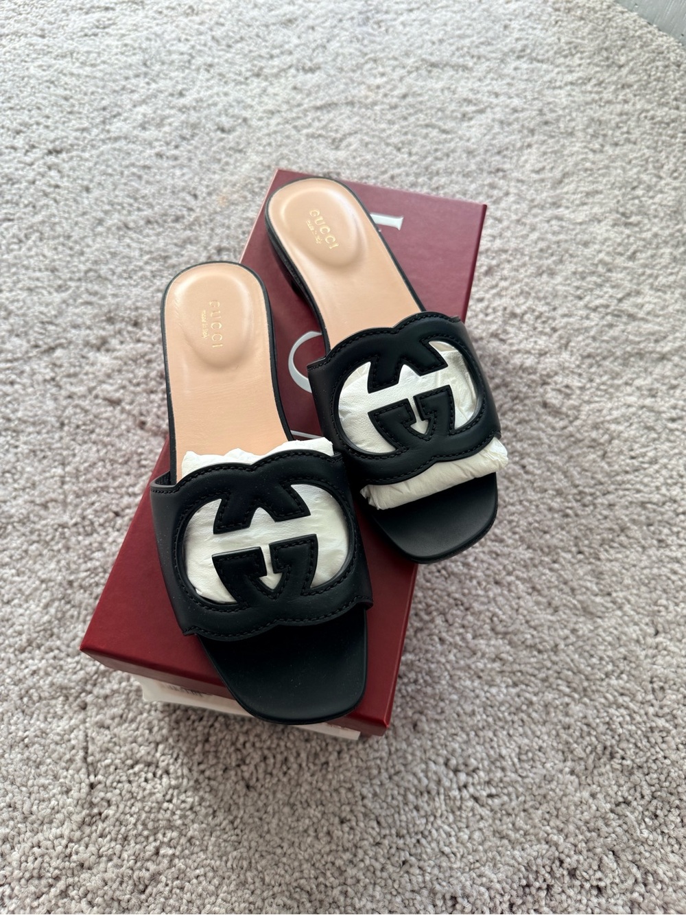 Gucci Black Leather Interlocking GG Slide Mules - Picture 2 of 8